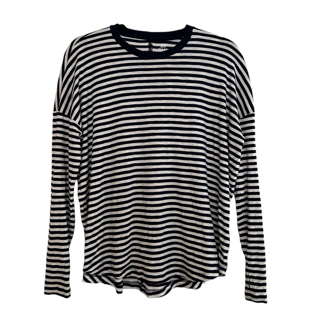 Aerie Real Soft navy and white striped long sleeve top with thumb holes Small